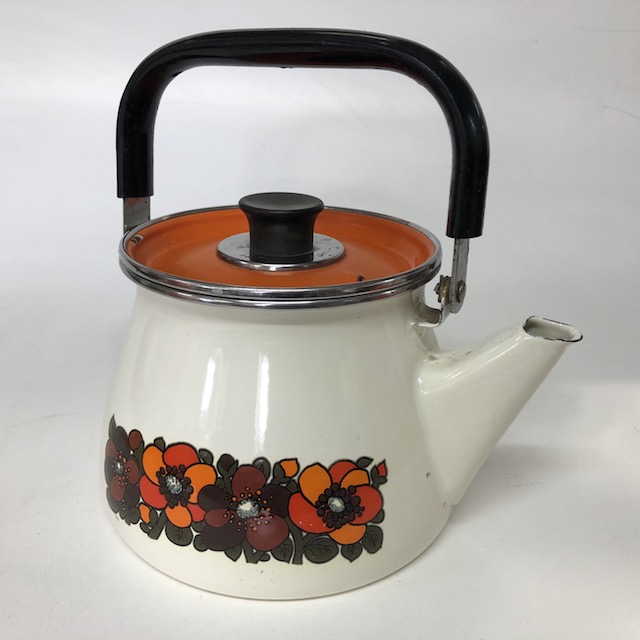 KETTLE, 1970s Retro - White w Orange Flowers